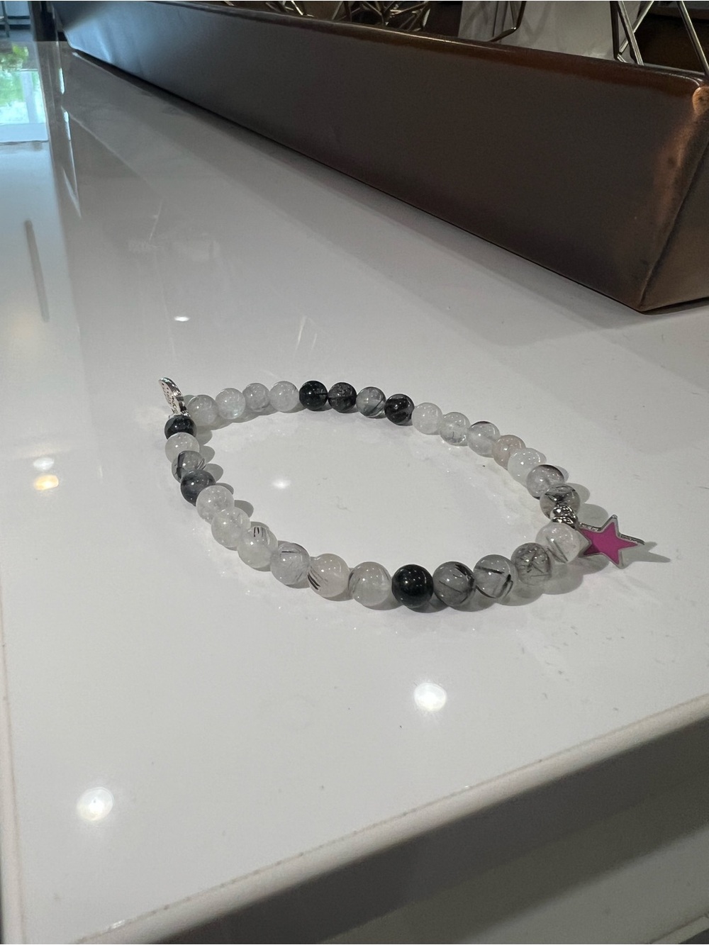 Beaded Tourmalinated Quartz Necklace with Pink Star Charm